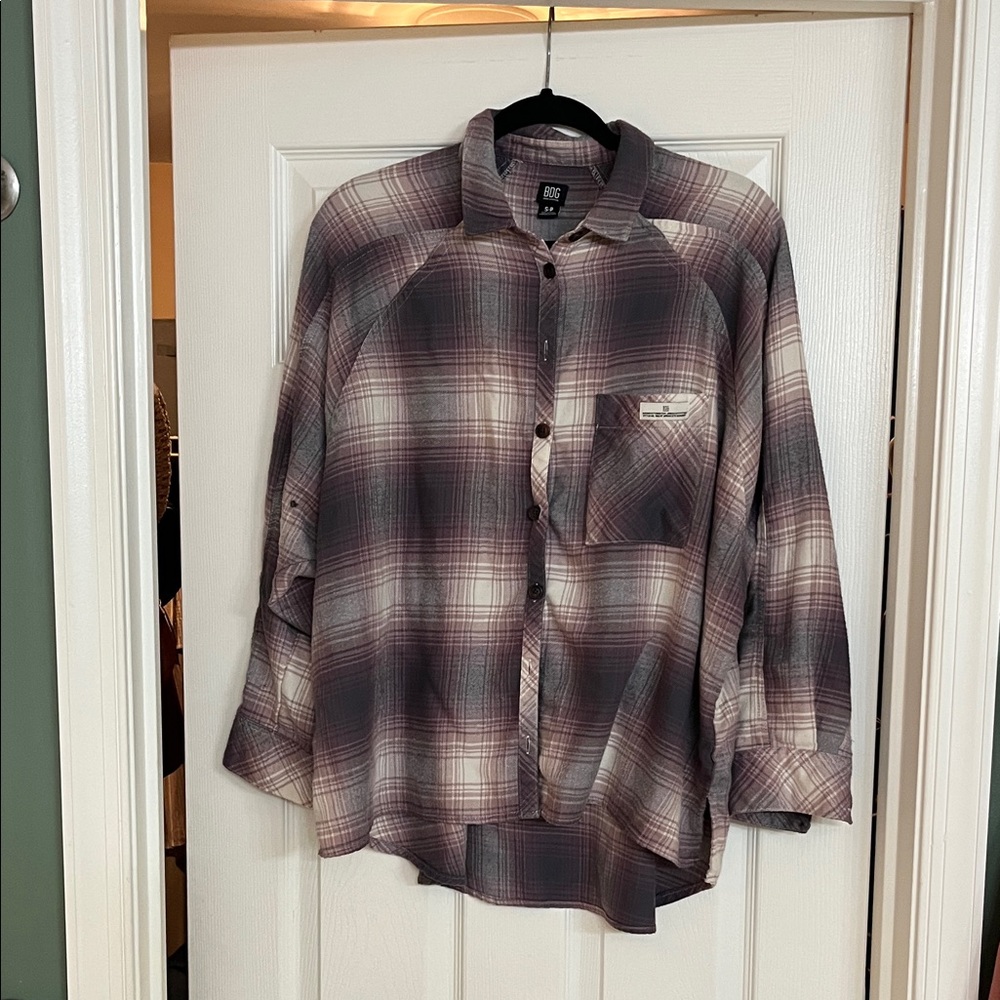 BDG Urban Outfitters High Low Pink and Grey Plaid Shirt
